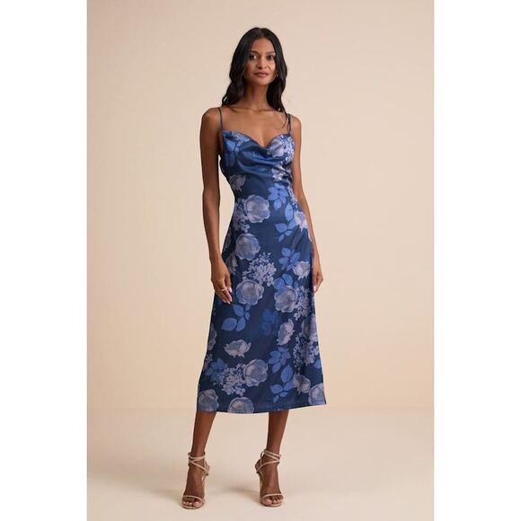 Lulus Dresses & Skirts - Lulus Favorite Icon Dark Blue Floral Satin Cowl Neck Slip Midi Dress - Size XL